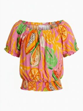 C&C California Pink & Orange Tropical Fruit Off-Shoulder Blouse